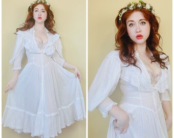 1980s Vintage Karen Alexander White Cotton Sheer Dress / 80s / Eighties Romantic Victorian Ruffle Sheer Prairie Dress / Medium