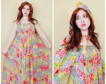 1970s Vintage Denise L Magical Floral Dress and Hooded Jacket / Rainbow Flower Smocked Bust Elastic Trapeze Dress / Small - Medium