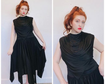 1980s Vintage Destinee Black Ruched Disco Dress / 80s Slink Hanky Hem Backless Poly Knit Gown / Size Large