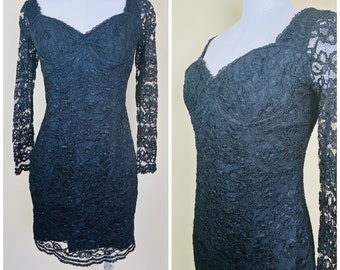 1990s Vintage Moda Int'l Black Lace Bustier Dress / 90s Rayon / Acetate Sheer Sleeve Body Con Party Dress / Medium