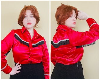 1980s Vintage Homemade Red Satin Western Shirt / 80s Silver and Black Fringe Rodeo Snap Blouse / Medium - Large