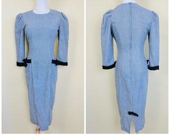 1980er Vintage My Michelle Schwarz Weisses Kleid mit Hahnentritt / 80er Jahre Pin Up Bow Karo Viskose Kleid / Größe S - M