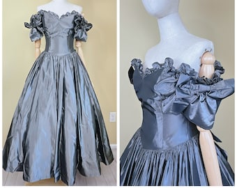 1980s Vintage Gunmetal Grey Ruffled Ballgown / 80s Taffeta Shimmer Bow Off Shoulder Princess Dress / Size Small