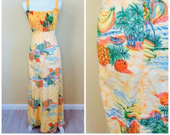 1970s Vintage McInerny Hawaii Tangerine Smocked Maxi Dress / 70s Pastel Orange Sunset Cotton Rayon Gown / Size XS