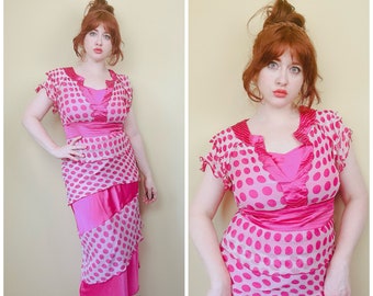 Y2K Kit Cornell Pink Silk Bias Cut Set / Vintage Polka Dot Contrast Blouse and Midi Skirt / Size Medium