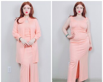 1970s Vintage Ayres Unlimited Pastel Peach Hostess Jacket Set / 70s / Poly Knit Maxi Dress With Matching Overcoat / Small - Medium