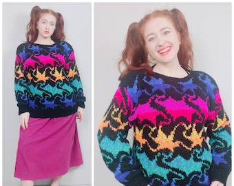 1980s Vintage Nilani Boucle Acrylic Relaxed Fit Sweater / 80s Neon Rainbow Starburst Knit Jumper / Tag Size Medium