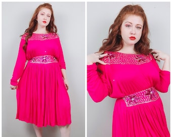 1980s Vintage Hot Pink Rayon Beaded Set / 80s / Dolman Sleeve Sequin Silver Shirt and High Waisted Skirt / Small - Medium