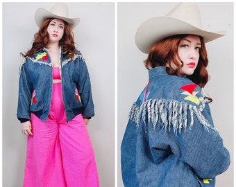 1980s Vintage Handmade Denim Southwestern Applique Jacket / 80s / Eighties Fringe Trim Jean Bomber Coat / Size XL