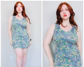 1990s Vintage Blue Floral Cotton Spandex Stretch Dress / 90s / Scalloped Body Con Flower Print Tank Dress / Size Medium