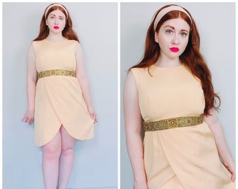 1960s Vintage Nat Kaplan Peach Beaded Waist Mini Dress / 60s / Sixties Pastel Wrap Skirt Mod Dress / Medium - Large