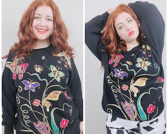 1990s Vintage Rafael Black Glitter Butterfly Sweatshirt / 90s / Nineties Novelty Multi Color Poly Cotton Knit Jumper / Size Medium - XL