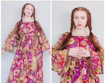 1960s Vintage Victoria Ltd Purple and Green Beaded Dress / 60s Ruffled Tiered Rumba Sleeve Sequin Maxi Gown / Medium