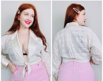 1980s Vintage Audrey Ma Cream Linen Crop Top / 80s Satin Tie Front Cropped Striped Blouse / Medium - Large