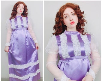 1970s Vinage Purple Satin Empire Waist Prairie Dress / 70s / Seventies Juliette Sleeve Lace Trim Maxi Gown / Size Large