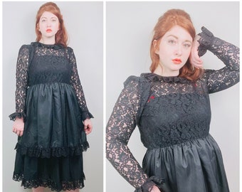 1980s Vintage Ogge for Rizkallah Lace Top Dress / 80s Ruffled Sheer Illusion Gothic Layer Cake Dress / Size Medium