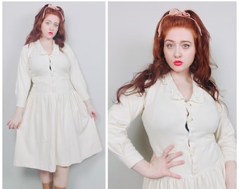 1980s Vintage I.V.Y. Cream Cotton Knit Dress / 80s / Eighties Button Front Crochet Peter Pan Collar Dress / Size Medium