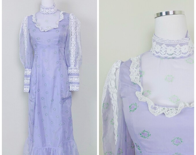 1970s Vintage Lavender Chiffon Prairie Dress / 70s / Seventies