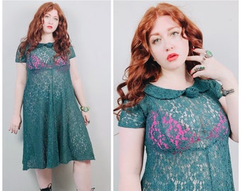 1990s Vintage My Michelle Forest Green Lace Dress / 90s / Nineties Peter Pan Collar Sheer Grunge Dress / Size Small - Medium