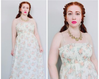 1970s Vintage Phase II Pale Yellow Floral Maxi Dress / 70s / Seventies Smocked Elastic Ruffled Hem Prairie Dress / Medium