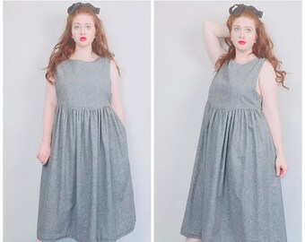 1990s Vintage Grey Wool Pinafore Dress / 90s Cottage Core Gray Smock Tank Dress / Size XL
