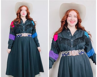 1980s Vintage Western Collection Color Block Rodeo Dress / 80s / Eighties Black Cotton Fringe / Fringed Western Dress / Large