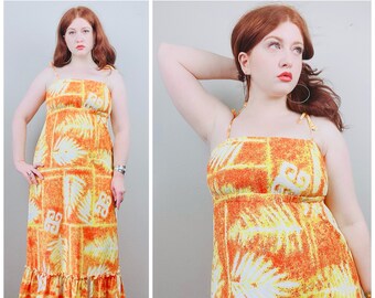 1970s Vintage Pomare Yellow and Orange Leaf Print Maxi Dress / 70s / Seventies Bark Cloth Empire Waist Ruffled Tank Dress / Small / Medium