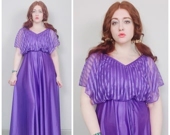 1970s Vintage Purple Striped Split Sleeve Disco Dress / 70s / Seventies Polyester Knit Maxi Gown / Size Small