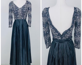 Robe de soirée à sequins noir et argent vintage des années 1970 / Années 70 / Robe jupe en satin disco dos nu des années 70 / Taille Small / Medium