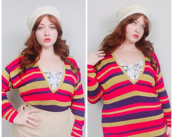 1980s Vintage Diane Von Furstenberg Khaki / Pink Striped Top / 80s Silk / Rayon Plunging Neck Disco Tunic Knit / Small - Large