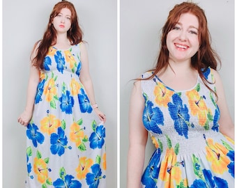 1990s Vintage Hawaiian Smocked Floral Dress / 90s / Nineties Blue and Yellow Hibiscus Shirred Sundress / One Size