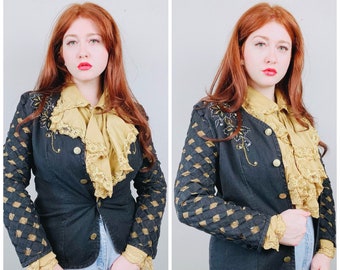 1980s Vintage Jennifer Eden Black Linen Jacket / 80s / Eighties Gold Floral Sheer Cage Sleeve Blazer / Size Medium
