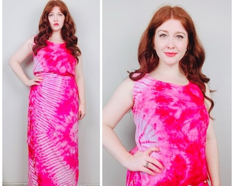 1990s Vintage Hot Pink Rayon Tie Dye Set / 90s / Nineties Fringe Beaded Shirt and Wrap / Sarong Skirt / Large - XL