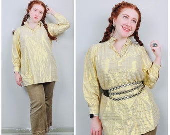 1970s Vintage Casual Crafts Gold Cotton Tunic / 70s / Seventies Long Sleeve Split Neck Plaid Metallic Shirt / Size Small - Large