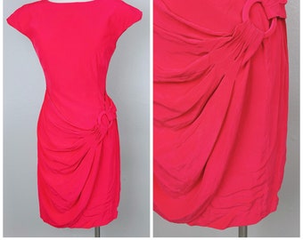 1980s Vintage Coral Bugardi Mini Dress / 80s / Eighties Sarong Belt Wiggle Body Con Silk Dress / Size Small - Medium