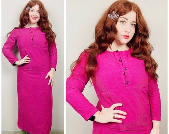 1980s Vintage Pink Cotton Corduroy Maxi Dress / 80s / Eighties Long Sleeve Smock Dress With Pocket / Size Medium