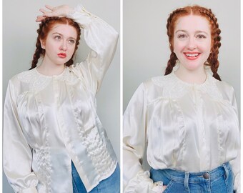 1980s Vintage Shiny Cream Silk Blouse / 80s / Eighties Lace Collar Pleated Volume Sleeve Romantic Shirt / Large - XL