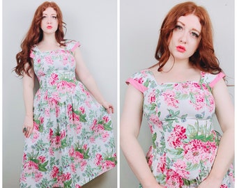 1980s Vintage Melissa Harper Poly Cotton Floral Dress / 80s / Eighties Cap Sleeve Pink Flower Garden Tea Dress / Size Medium / Large