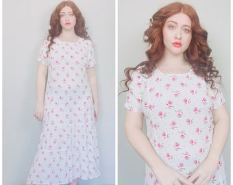 1990s Vintage Cream and Pink Rayon Drop Waist Dress / 90s / Nineties Cottage Core Floral Day Dress / Large - XL