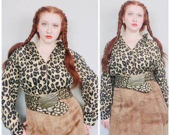 1980s Vintage STUNT Leopard Print Silk Blouse / 80s / Oversized Long Sleeve Button Front Shirt / Size Large