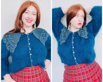 1980s Vintage Teal Mohair Cardigan / 80s Rare Shag Fuzzy Crochet Collar Knit Sweater / Medium - Large