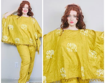1990s Vintage Yellow Elephant Print Cotton Pant Set / 90s Caftan Fringe Blouse and Elastic Waist Trousers / Large - XL