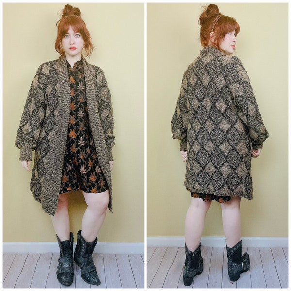 1980s Vintage Ashleigh Morgan Brown and Black Boucle Sweater / 80s Argyle Diamond Cocoon Cozy Oversized Cardigan . One Size