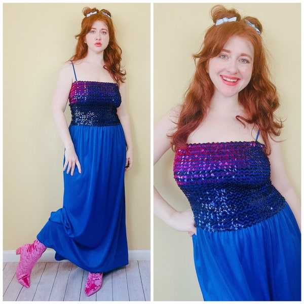 1980s "Party Dress" Blue Sequin Maxi Dress / 80s / Pink Sequined Stretch Disco Knit Gown / Size Medium - XL
