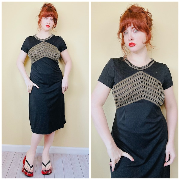 1970s Vintage Metallic Knit Disco Dress / 70s / Seventies Gold Sweater Knit Ribbed Bodice Dress / Size Medium