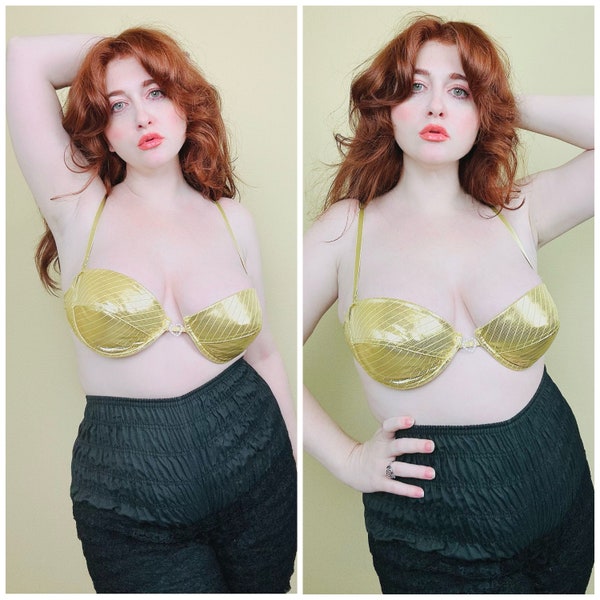 1990s Vintage Gogo Dancer Gold Bra / 90s Bustier Metallic Heart Brassiere /  36 C