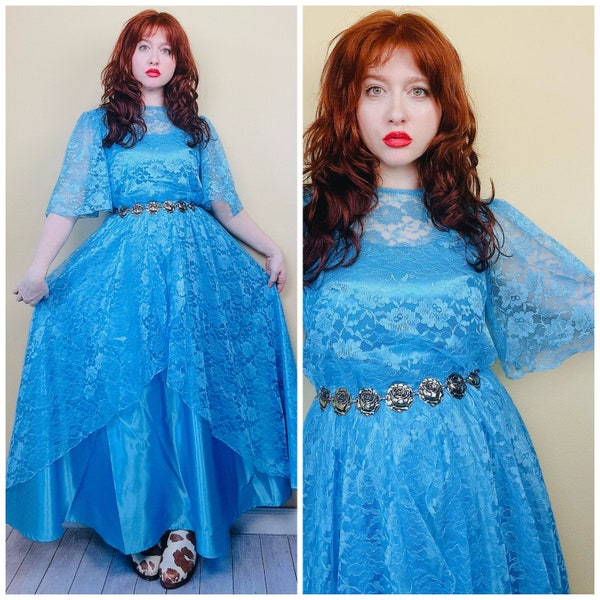 1980s Vintage Turquoise Lace Maxi Dress / 80s Flared Flutter Sleeve Princess Full Skirt Evening Gown / Mike Benet / Large