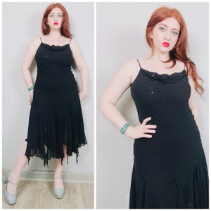 Y2K 1990s Sandra Darren Black Chiffon Sequin Romantic Dress / 90s Vintage Hanky Hem Bias Cut Party Dress / Medium image 1