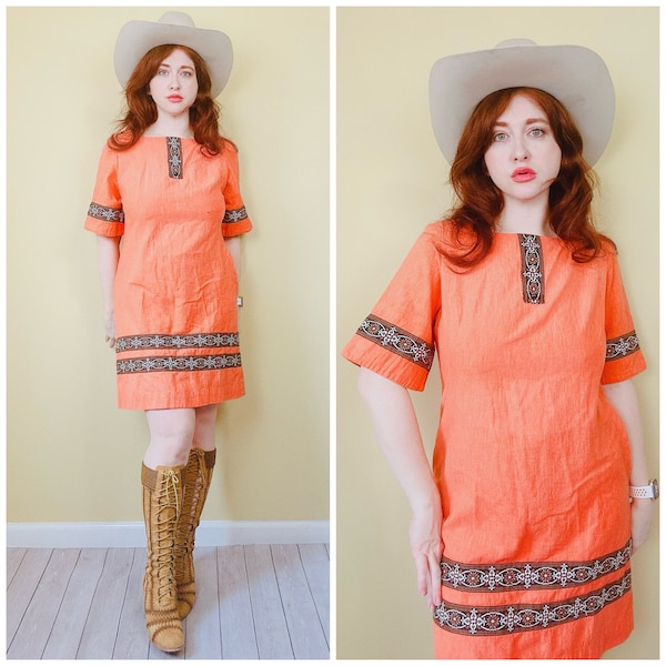 1960s Vintage Coral Cotton Alice California Dress / 60s / Sixties Ribbon Flared Sleeve Knit Dress / Size XL