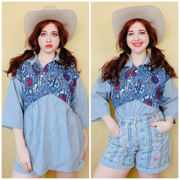 1980s Randi Southwestern Chambray Swing Top / 80s Oversized Western Blue Cotton Blend Shirt / Large